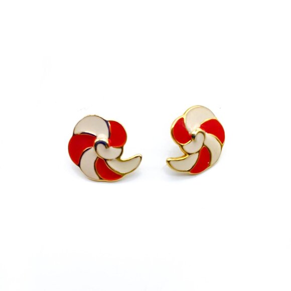 Spiral Shell Enamel Stud Earrings, Vintage Red and White Candy Cane Stripes - Picture 2 of 4